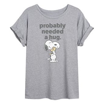 Juniors' Peanuts Snoopy & Woodstock Probably Needed A Hug Oversized Tee