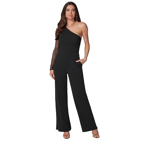 Женские комбинезоны bebe Women's bebe One Shoulder Mesh Sleeve Jumpsuit
