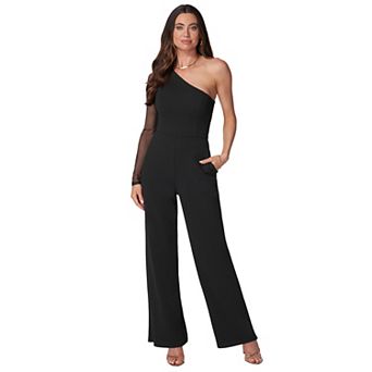 Women's bebe One Shoulder Mesh Sleeve Jumpsuit