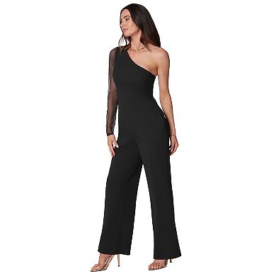 Women's bebe One Shoulder Mesh Sleeve Jumpsuit