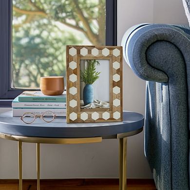 Wooden Picture Frame with Hexagonal Inlay Design, Handcrafted Resin & Wood