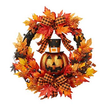 BrylaneHome 24"" Pre-Lit Jack-O-Lantern Wreath