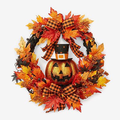 BrylaneHome 24"" Pre-Lit Jack-O-Lantern Wreath