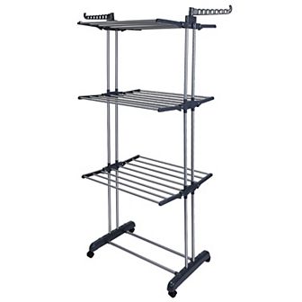 Clothes Drying Rack, Rolling Collapsible Laundry Hanger Stand with Dual Side Wings & Shelves