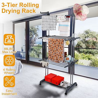 Clothes Drying Rack, Rolling Collapsible Laundry Hanger Stand with Dual Side Wings & Shelves