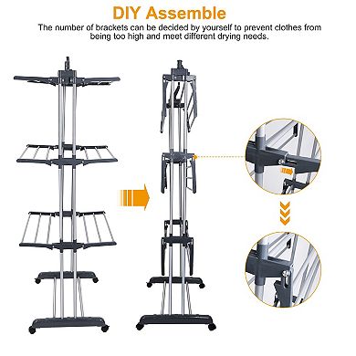 Clothes Drying Rack, Rolling Collapsible Laundry Hanger Stand with Dual Side Wings & Shelves