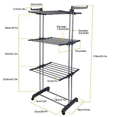 Clothes Drying Rack, Rolling Collapsible Laundry Hanger Stand with Dual Side Wings & Shelves