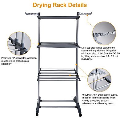 Clothes Drying Rack, Rolling Collapsible Laundry Hanger Stand with Dual Side Wings & Shelves