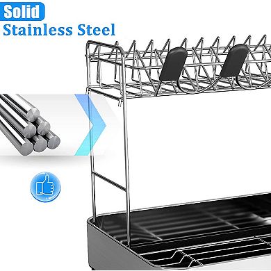 Dish Drying Rack, 2 Tier Large Dish Rack, Stainless Steel Dish Drainer for Kitchen Counter