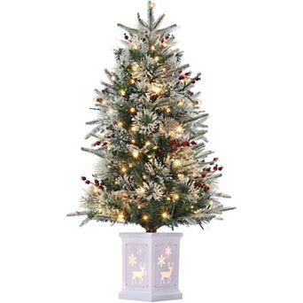 4.5 FT Christmas Tree, Pre-lit Christmas Tree with Lighting Elk Base and Red Berries