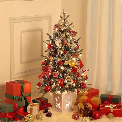 4.5 FT Christmas Tree, Pre-lit Christmas Tree with Lighting Elk Base and Red Berries