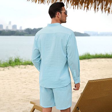 Men's 2 Pieces Set Long Sleeve Henley Shirts and Shorts Casual Outfits