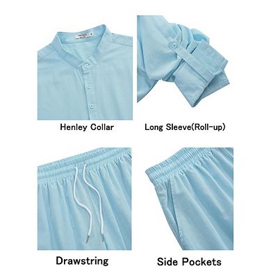 Men's 2 Pieces Set Long Sleeve Henley Shirts and Shorts Casual Outfits