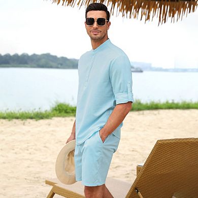 Men's 2 Pieces Set Long Sleeve Henley Shirts and Shorts Casual Outfits