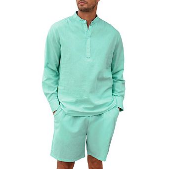 Men's 2 pc Set Long Sleeve Henley Shirts and Shorts Casual Outfits