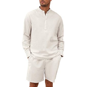 Men's 2 pc Set Long Sleeve Henley Shirts and Shorts Casual Outfits