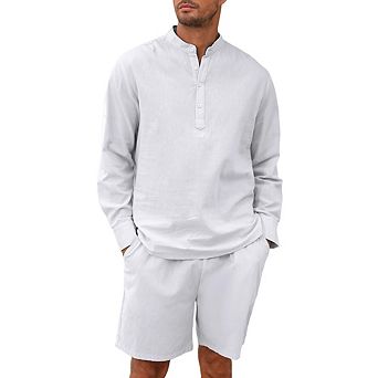 Men's 2 pc Set Long Sleeve Henley Shirts and Shorts Casual Outfits