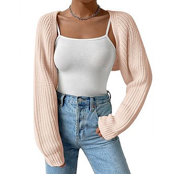 Women's Cropped Cardigan Long Sleeve Knitted Drop Shoulder Bolero Shrug Sweater