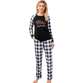 Pajamas Set for Women's 2 pc Plaid Pjs Long Sleeve Sleepwear
