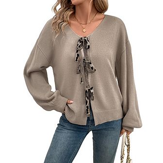 Womens Tie Front Cardigan Sweaters Bow Puff Long Sleeve Fall Loose Ribbed Knit Trendy Sweater Tops