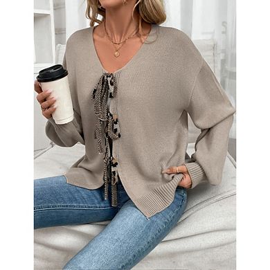 Womens Tie Front Cardigan Sweaters Bow Puff Long Sleeve Fall Loose Ribbed Knit Trendy Sweater Tops