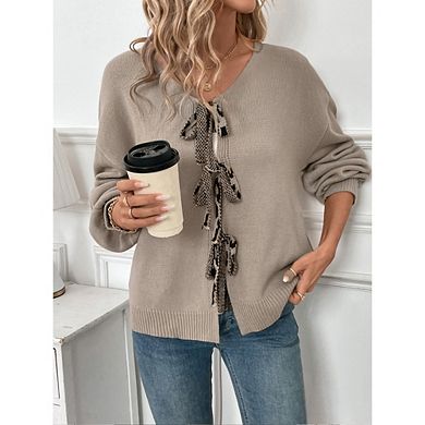 Womens Tie Front Cardigan Sweaters Bow Puff Long Sleeve Fall Loose Ribbed Knit Trendy Sweater Tops