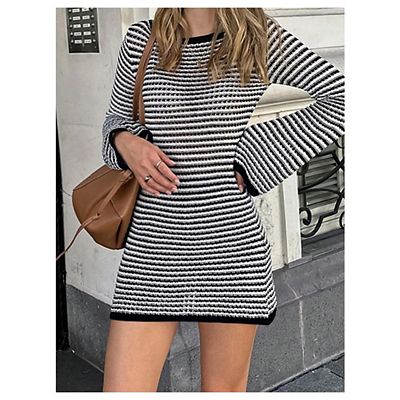 Women's Striped Knit Mini Dress Long Flare Sleeve Bodycon Sweater Dress Casual Short Dress