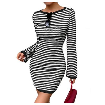 Women's Striped Knit Mini Dress Long Flare Sleeve Bodycon Sweater Dress  Casual Short Dress