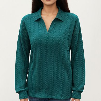 Women's Long Sleeve Collared Knit Top with Subtle Textured Pattern and Relaxed Fit