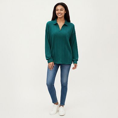 Women's Long Sleeve Collared Knit Top with Subtle Textured Pattern and Relaxed Fit
