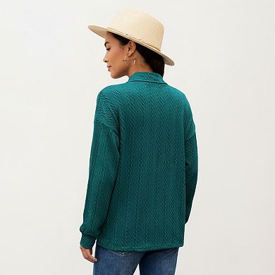Women's Long Sleeve Collared Knit Top with Subtle Textured Pattern and Relaxed Fit