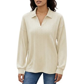 Women's Long Sleeve Collared Knit Top with Subtle Textured Pattern and Relaxed Fit