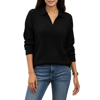 Women's Long Sleeve Collared Knit Top with Subtle Textured Pattern and Relaxed Fit