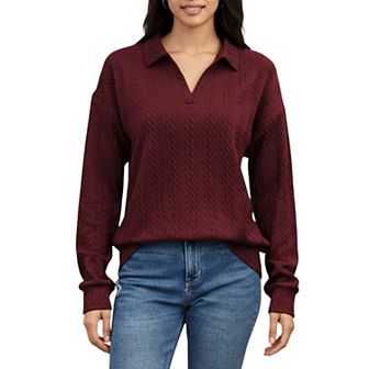Women's Long Sleeve Collared Knit Top with Subtle Textured Pattern and Relaxed Fit
