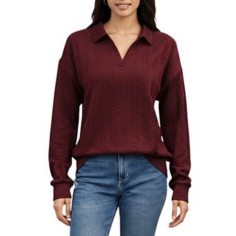 Women's Long Sleeve Collared Knit Top with Subtle Textured Pattern and Relaxed Fit