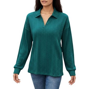 Women's Long Sleeve Collared Knit Top with Subtle Textured Pattern and Relaxed Fit
