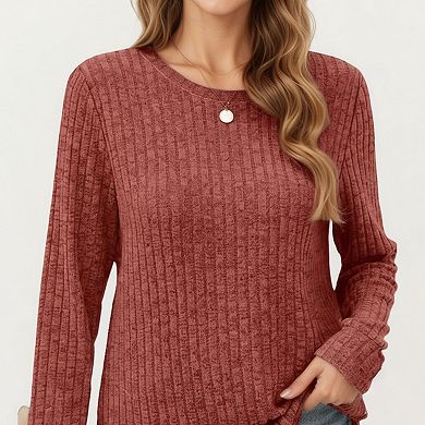 Women's Long Sleeve Ribbed Knit Top with Rounded Hem and Relaxed Fit