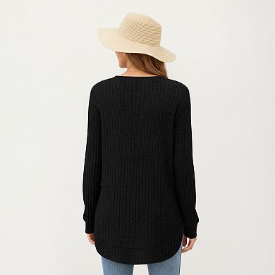 Women's Long Sleeve Ribbed Knit Top with Rounded Hem and Relaxed Fit