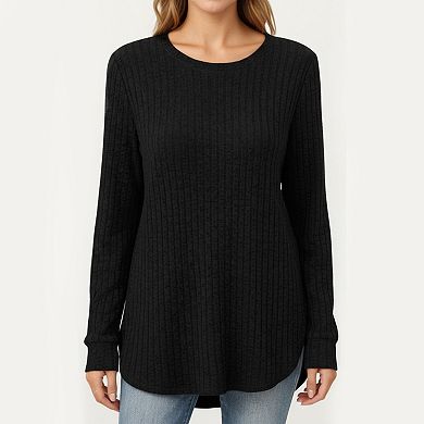 Women's Long Sleeve Ribbed Knit Top with Rounded Hem and Relaxed Fit