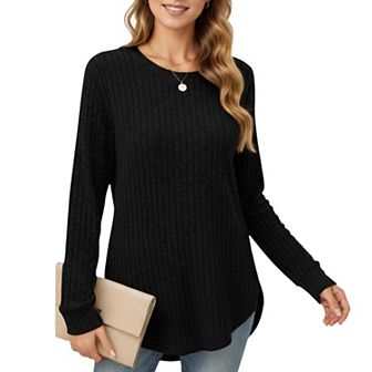 Women's Long Sleeve Ribbed Knit Top with Rounded Hem and Relaxed Fit