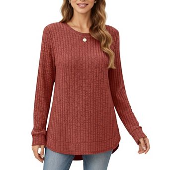 Women's Long Sleeve Ribbed Knit Top with Rounded Hem and Relaxed Fit