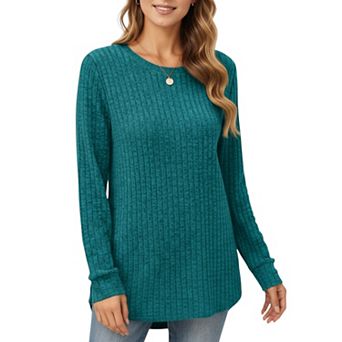 Women's Long Sleeve Ribbed Knit Top with Rounded Hem and Relaxed Fit