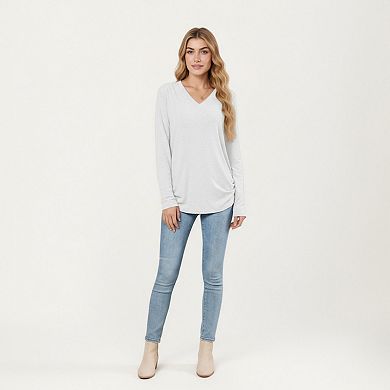 Women's Long Sleeve V-Neck Top with Ruched Side Detailing