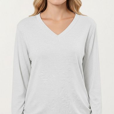 Women's Long Sleeve V-Neck Top with Ruched Side Detailing
