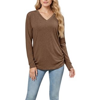 Women's Long Sleeve V-Neck Top with Ruched Side Detailing