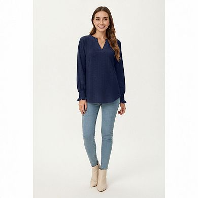 Women's Long Sleeve Eyelet Embroidered Top with V-Neckline and Ruffle Cuffs