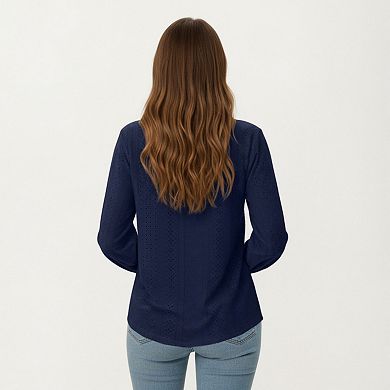 Women's Long Sleeve Eyelet Embroidered Top with V-Neckline and Ruffle Cuffs