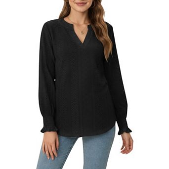 Women's Long Sleeve Eyelet Embroidered Top with V-Neckline and Ruffle Cuffs