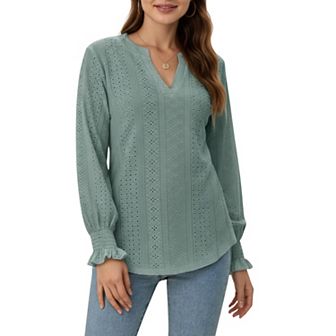 Women's Long Sleeve Eyelet Embroidered Top with V-Neckline and Ruffle Cuffs