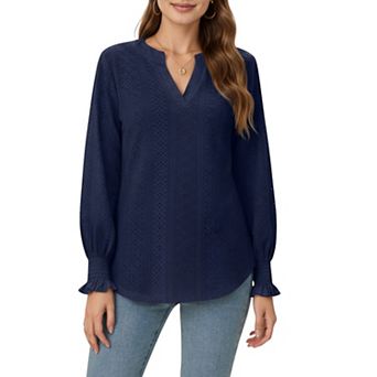 Women's Long Sleeve Eyelet Embroidered Top with V-Neckline and Ruffle Cuffs
